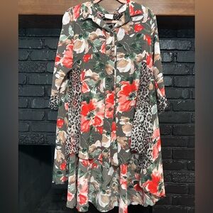 Elegant Floral Long Sleeve Dress with Leopard Details